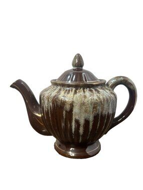 Vintage Brown Drip Glaze Pottery Tea Pot with Ribs Design with Lid
